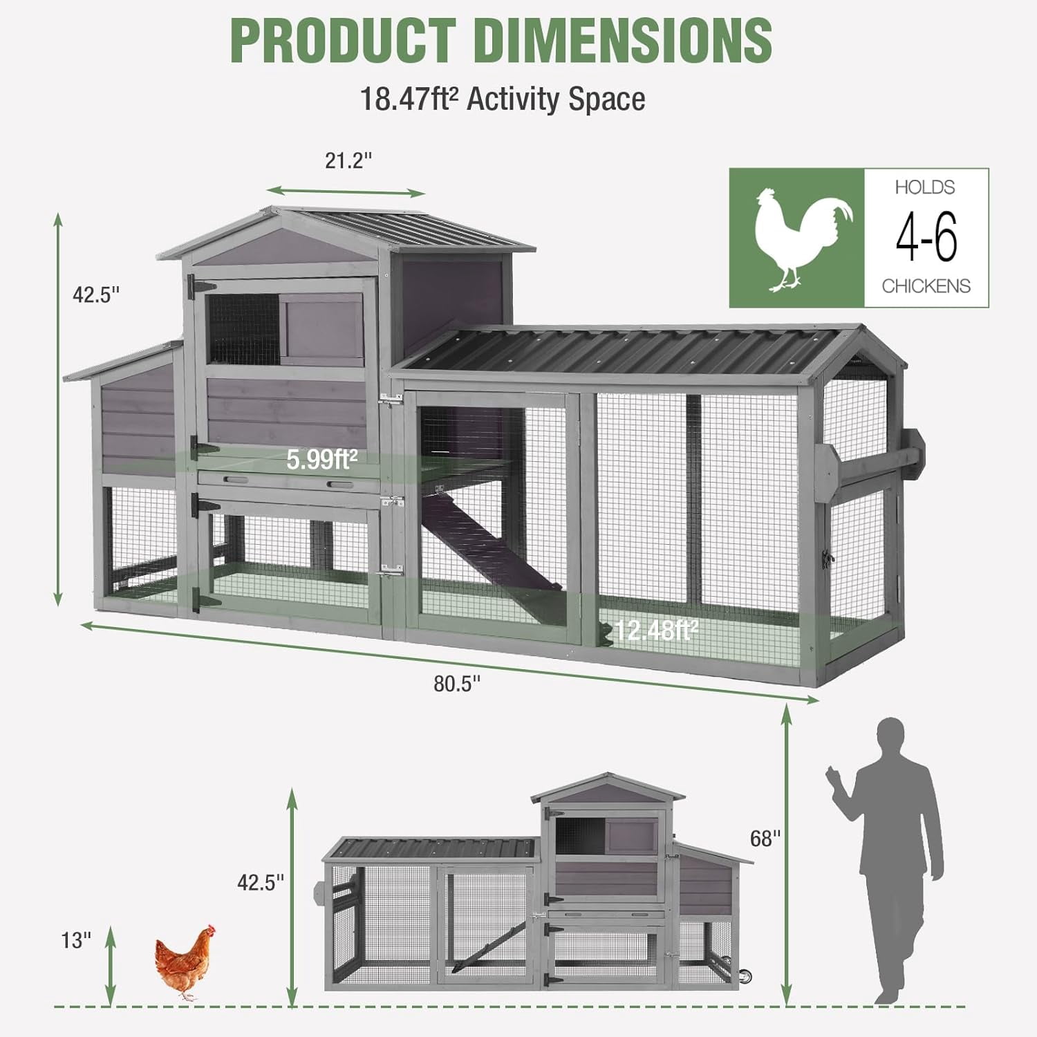 Aivituvin 83" Large Chicken Coop for 4-6 Chickens, Mobile Hen House Outdoor Wooden Poultry Cage with Wheels Nesting Box Run