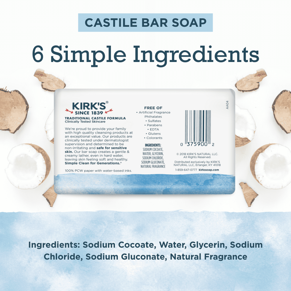 Kirk's Castile Bar Soap - Made With Premium Coconut Oil, Original Fresh Scent, 4 oz Bar, 1 Pack