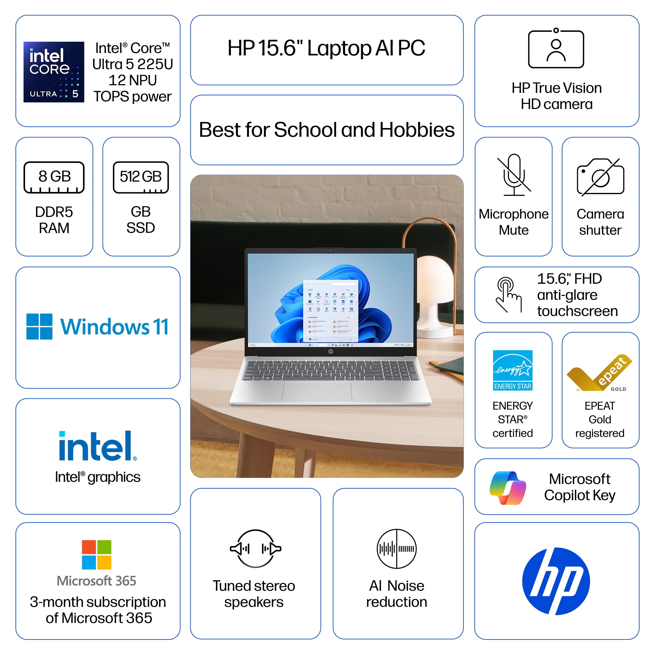 HP 15.6 inch HD Windows Laptop AI Intel Core Ultra 5 225U 8GB
