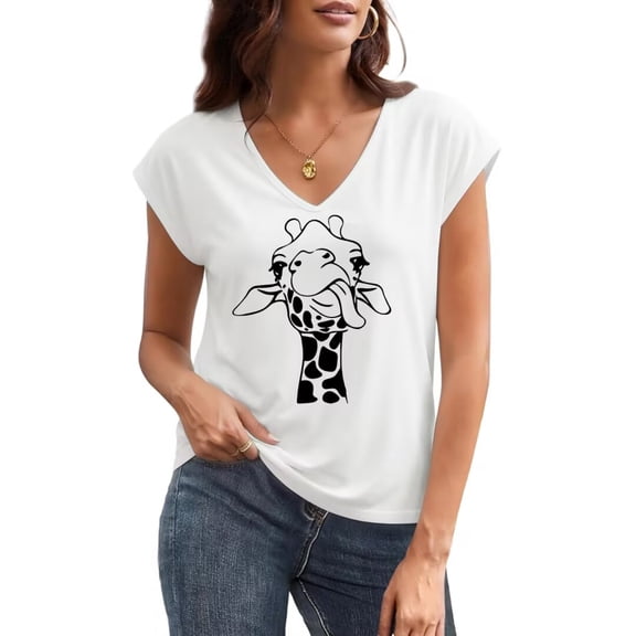 UNISHE Women's Whimsical Giraffe Line Drawing Graphic V Neck Short Sleeve T-Shirt Casual Summer Tees