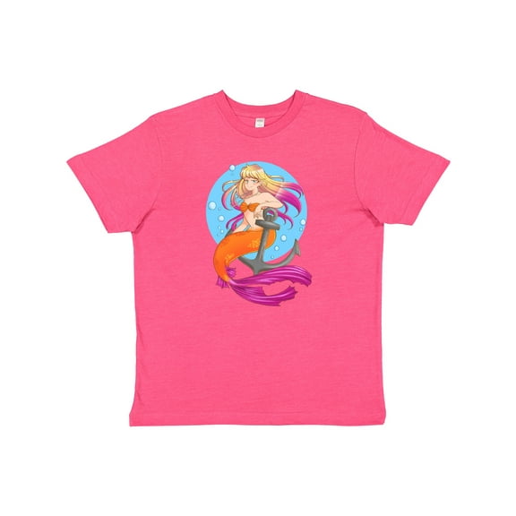 Inktastic Nautical Orange and Pink Mermaid Sitting on Anchor Youth T-Shirt