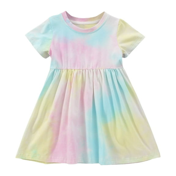 Tfken Summer Girls Dresses Tie Dye Crew Neck Short Sleeve Dresses Trendy Daily Wear Children Comfortable Clothes Blue Size 5-6 Years