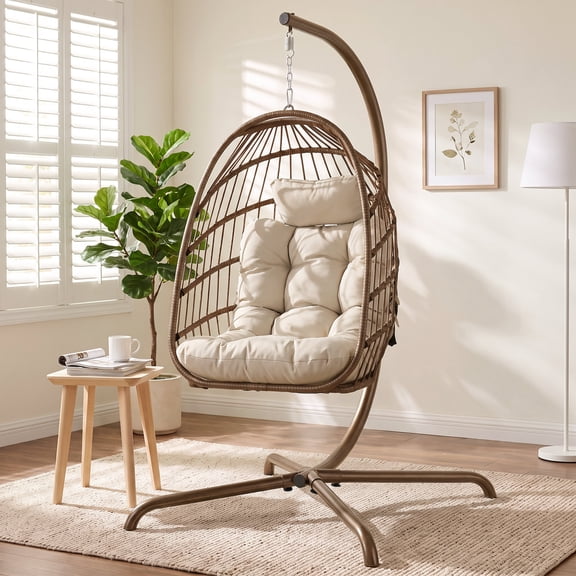 RADIATA Outdoor Egg Swing Chair with Stand, 350lbs Heavy-Duty Wicker, Comfy Thick Cushion, for Balcony, Patio, Bedroom, Indoor Use, Dark Gray