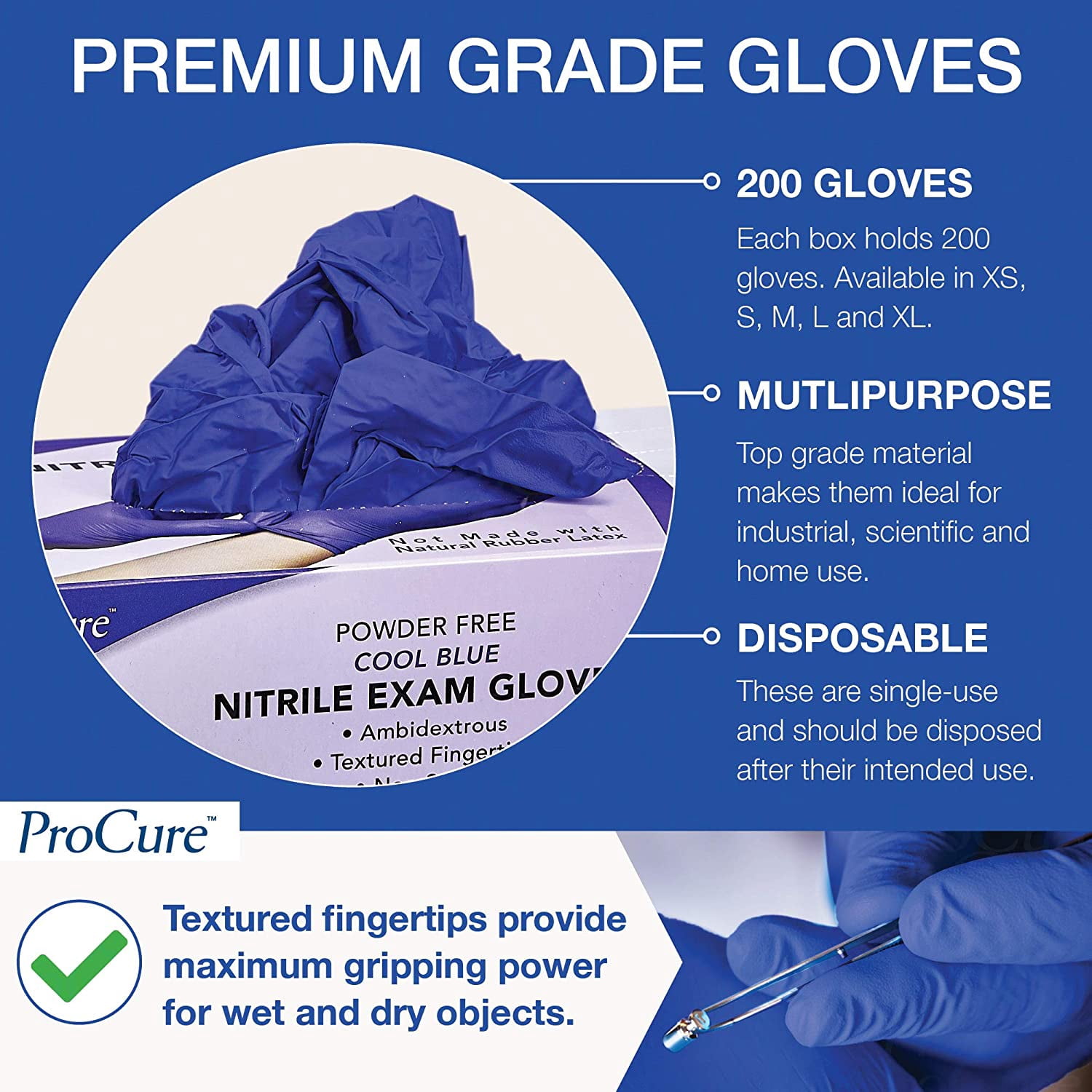 ProCure Disposable Nitrile Gloves - 400 Count, Medium - Powder Free, Rubber Latex Free, Medical Exam Grade, Non Sterile, Ambidextrous - Soft with Textured Tips - Cool Blue