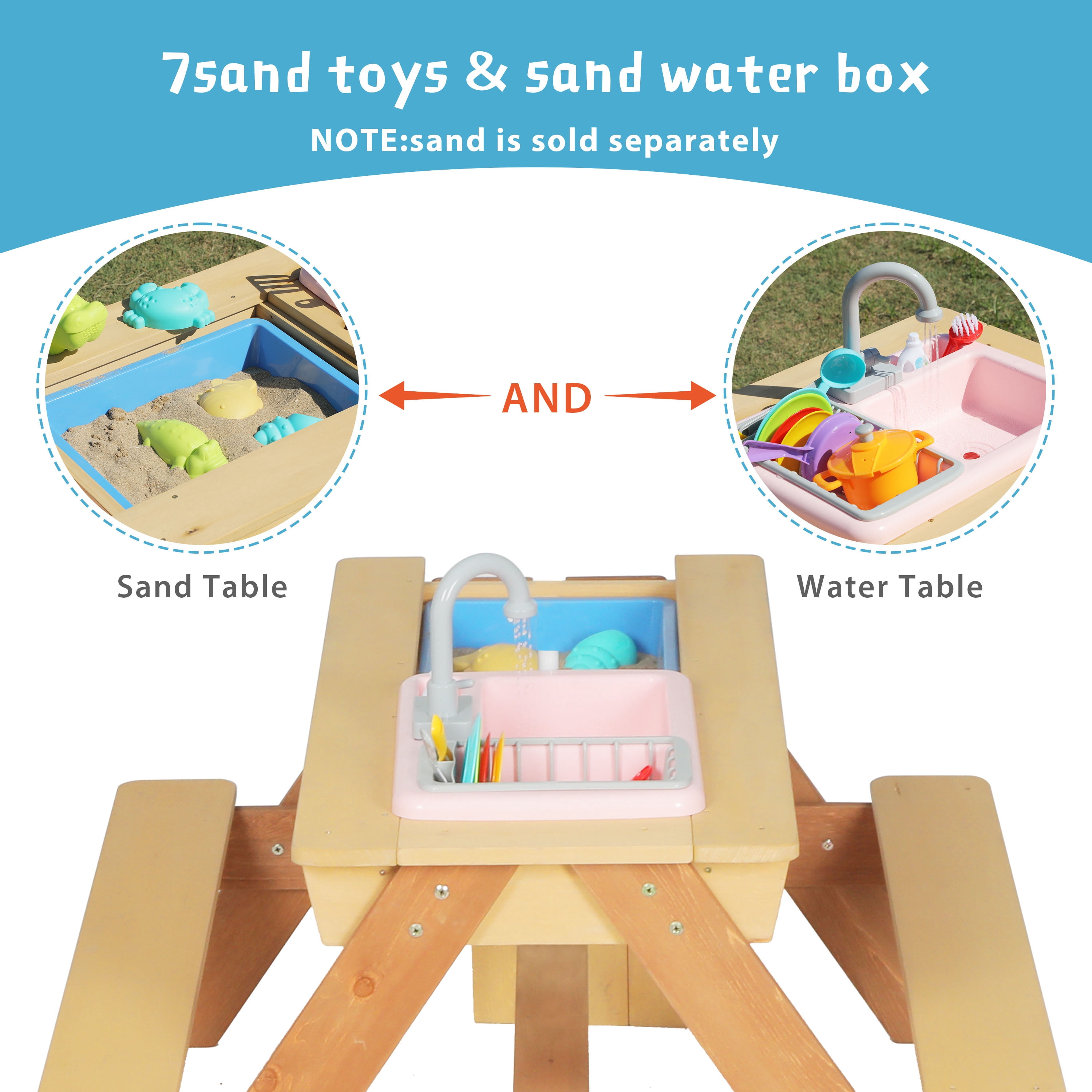 CQSXDA Versatile Wooden Kids Picnic and Sand Water Table with Umbrella for Outdoor Activity in Your Patio Area