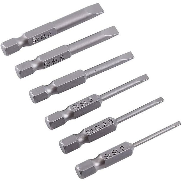 6 piezas de 50 mm, 2,0-6,0 mm, juego de puntas de destornillador de punta plana, puntas de destornillador de punta plana de aleación magnética S2 de 0,25 "
