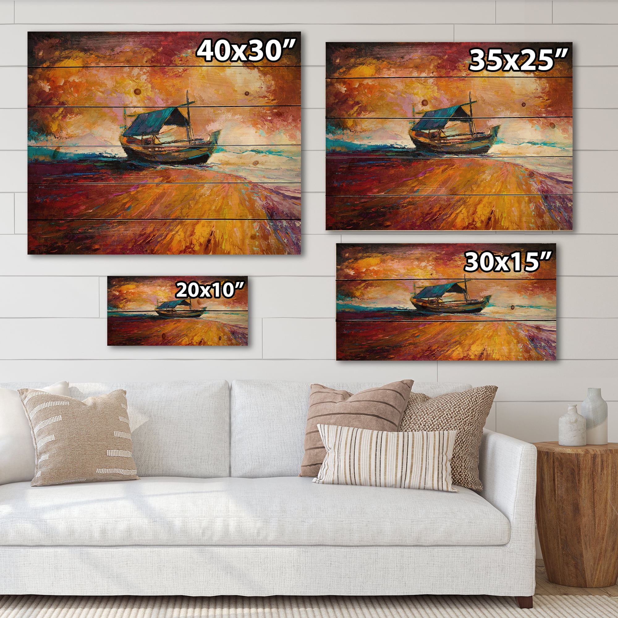 Designart 'Traditional Fisherboat During Ocean Evening Glow' Nautical & Coastal Print on Natural Pine Wood