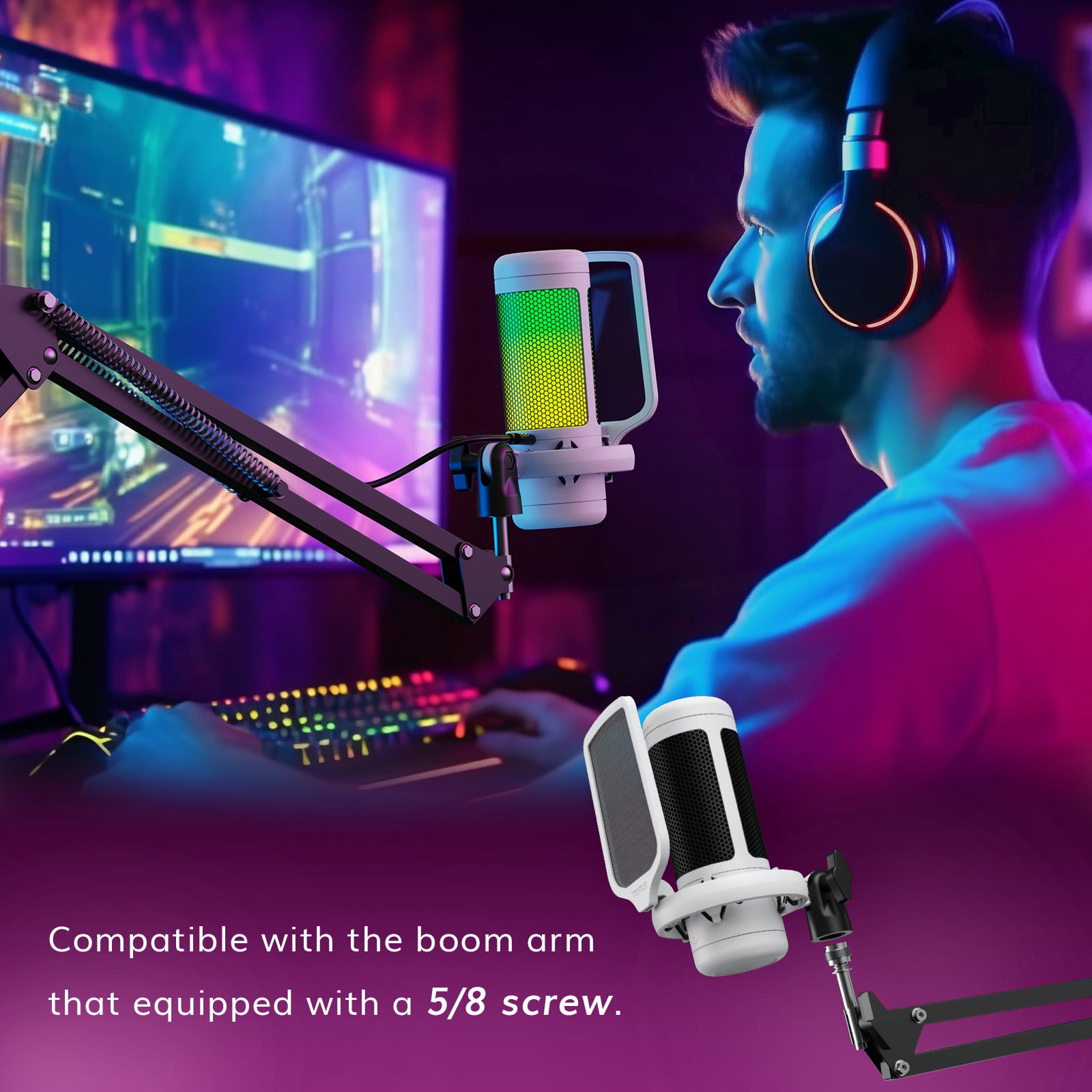 TONOR TC310 Gaming Microphone Type-C Plug, Desktop USB Microphone with RGB, Quick Mute, for Twitch, Streaming, Podcast, Studio Recording, Discord Chatting, 200 cm/78 inch Cable, White
