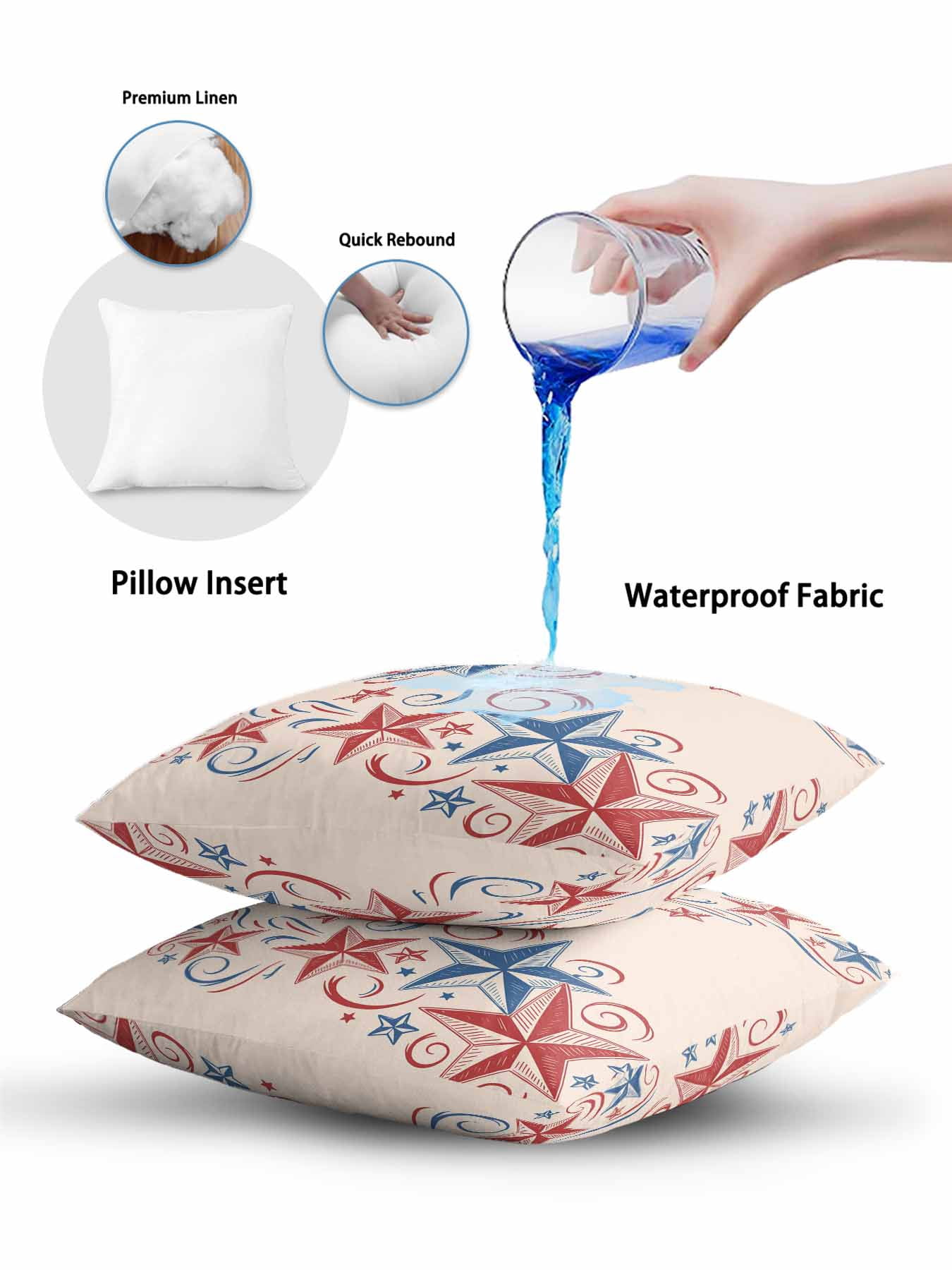 1 Pack Outdoor Pillows Waterproof, American Star Indoor/Outdoor Throw Pillows with Inserts, Blue Red Patriotic 4th of July Classic Tan Decorative Pillow for Patio Furniture Chairs Couch