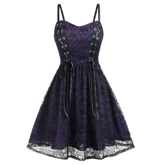 DYMADE Women Halloween Skull Strap Lace Splice Sexy A-line Dress