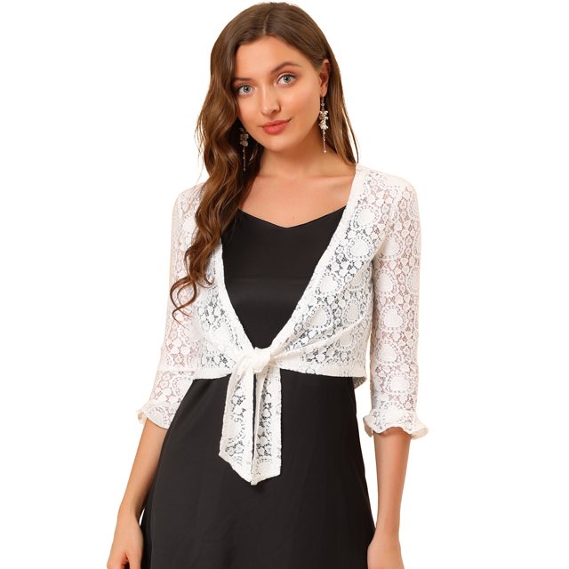 Top Tolera De Encogimiento De Hombros Estilo Bolero De Encaje De Corazón Con Lazo De Manga Con Volantes Elegante Para Mujer Blanco M