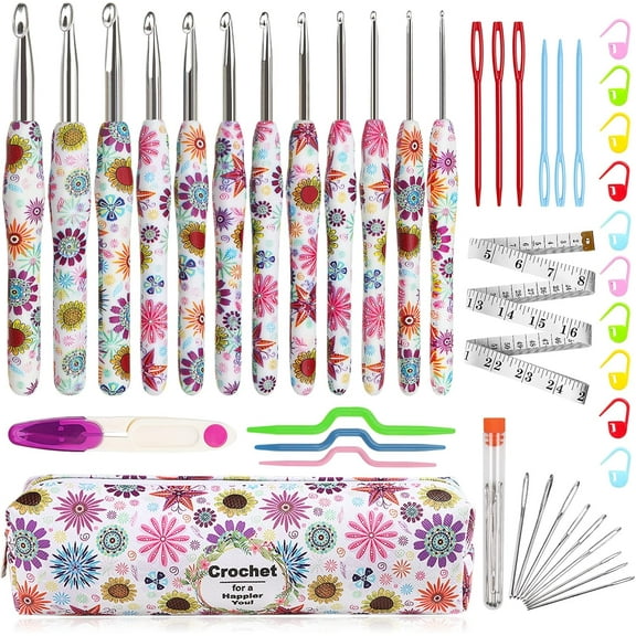 CCNZZITSHT Crochet Hooks Set, Ergonomic Crochet Hooks Soft Grip with Case, 2.25mm-8mm Pretty Floral Handle Crochet Hook Set for Beginners Adults and Arthritic Hands