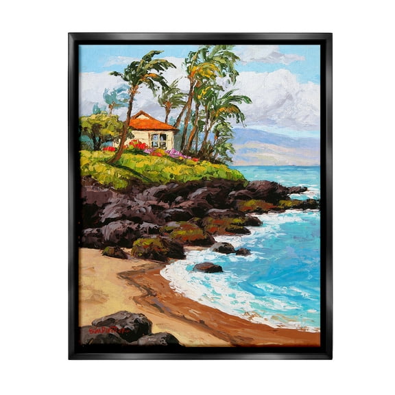 Stupell Industries Tropical Cottage Cove Landscape Painting Black Floater Framed Canvas Art Print Wall Art, 17 x 21