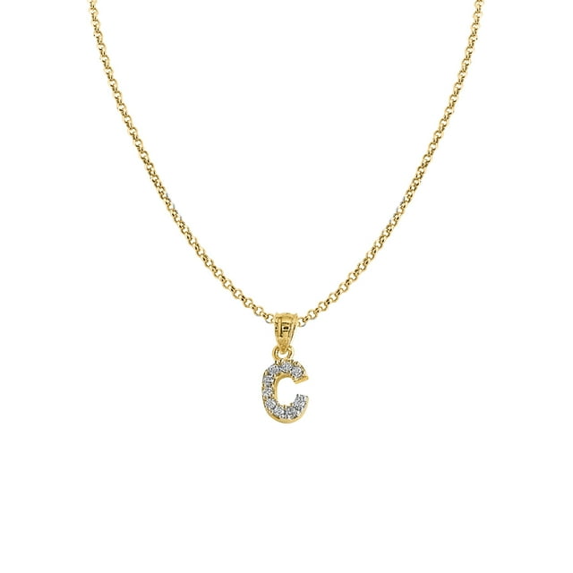 14k Or Jaune Zircone Initiale Lettre « C » Pendentif avec 1.2mm Rolo Chaîne