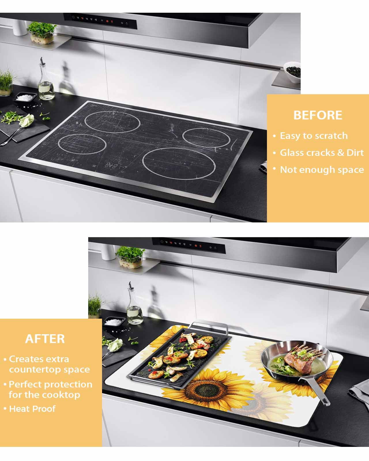 nqOlkjepod Large Induction Cooktop Protector Mat 36"x21", Sunflower Stove Top Covers for Electric Stove, Summer Botanical Floral Blooming Decorative Stove Burner Cover Mats, Glass Top Stove Cover