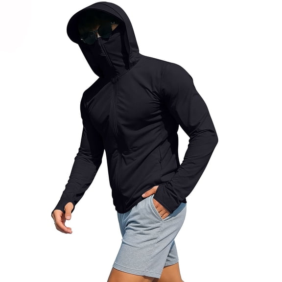 JTSRKL Men's Solid Sun Protection Hooded Shirt UPF 50 Quick Dry Long Sleeve Rash Guard Breathable Outdoor Fishing Hiking Tops with Mask Black L