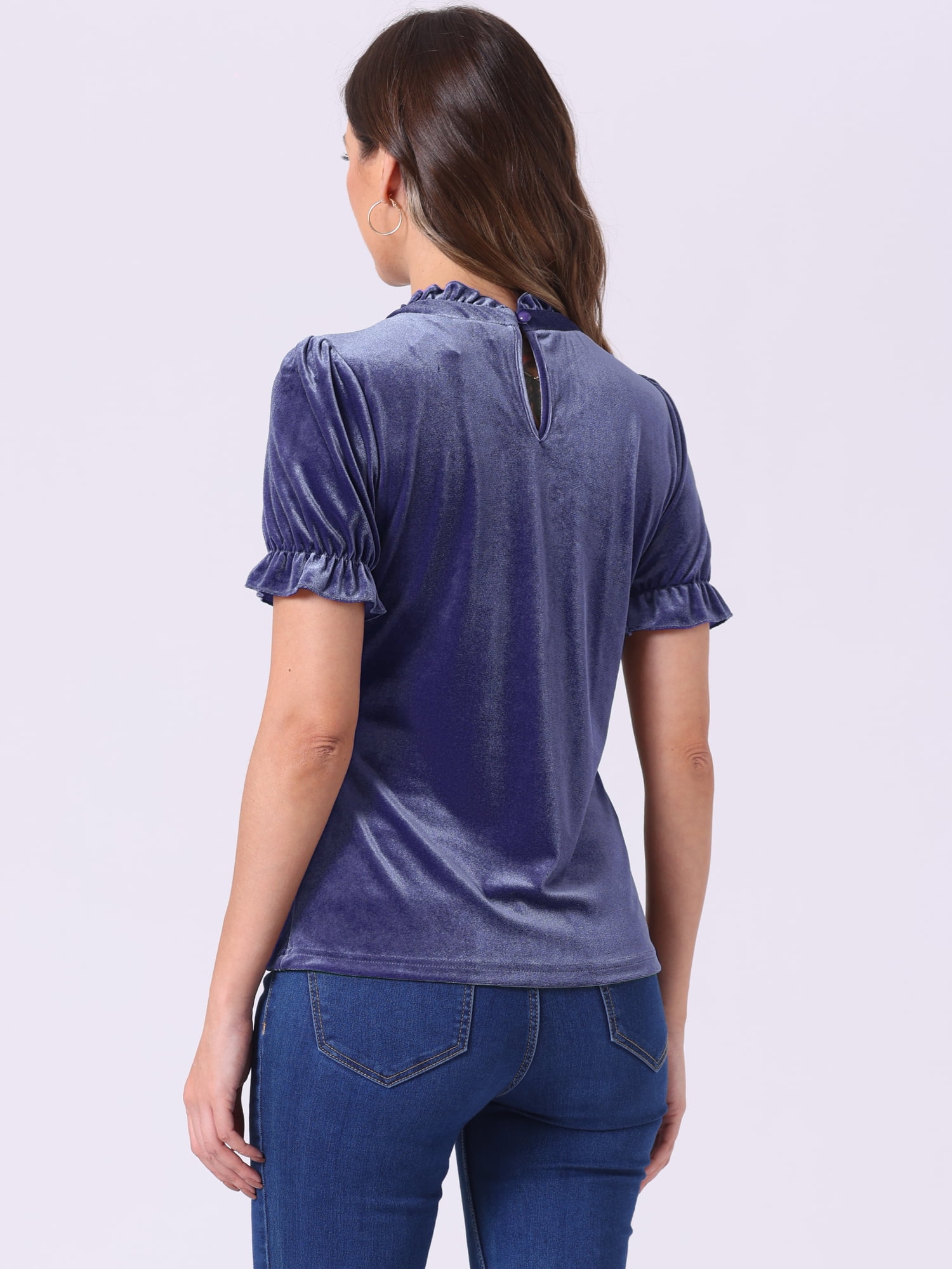 DARING DIVA Women's Ruffle Collar Shirt Velvet Tops Blouse S Dusty Purple Blue