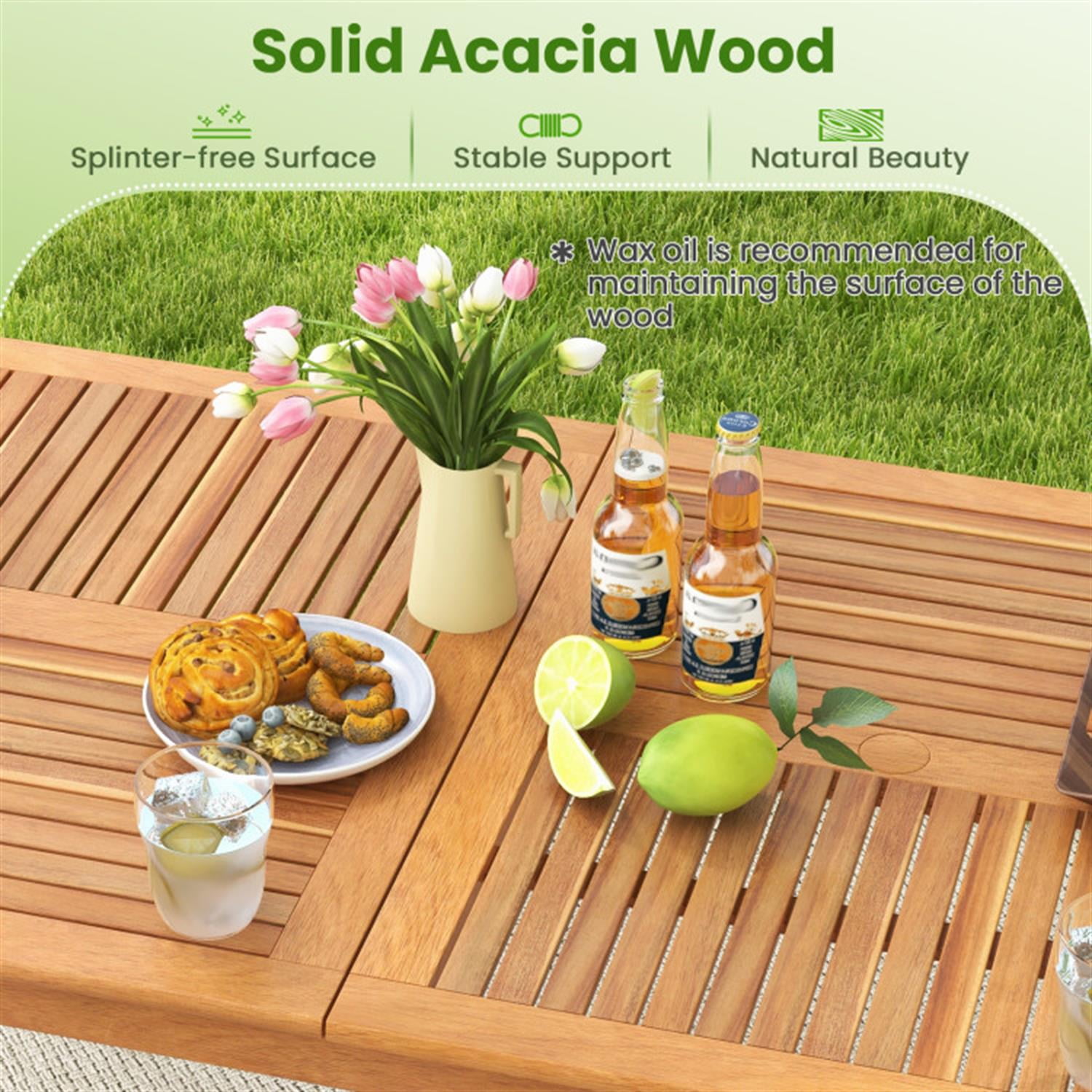 Demi Bonn 8-Person Patio Outdoor Dining Table, 79" Acacia Wood Rectangular Bistro Table, Beige
