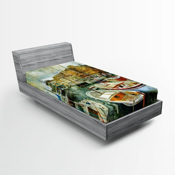 Ambesonne Italian Fitted Sheet, Boats in Naples, Twin Size, Multicolor