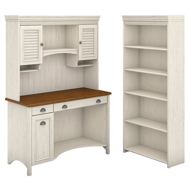 Bush Stanford Computer Desk with Hutch and 5 Shelf Bookcase in White