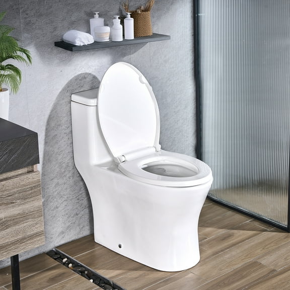 VEVOR One-Piece Toilet, Elongated Toilet Vortex Dual-Flush 1.0/1.28 GPF, Toilets for Bathroom with Comfortable Chair Seat, Standard Height, Easy-Clean Skirted Design, 12 inch Rough-In, White   Silver