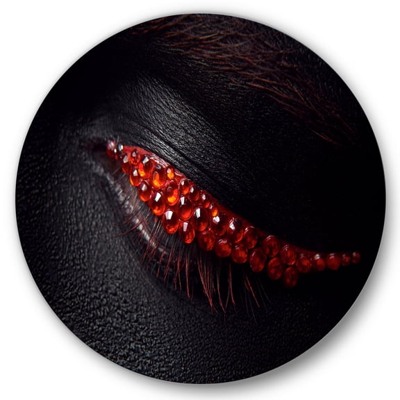 Designart 'Beautiful Black Skin Female Eye With Red Diamonds' Modern Circle Metal Wall Art 36x36 - Disc of 36