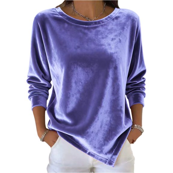 CIENVNSTG Women's Crew Neck Velvet Blouse Long Sleeve Loose Fit Solid Color Tone Soft Cozy Material Casual Trendy Tops for Spring Fall Indoor Daily Outfits And Leisure Moments Purple XXL