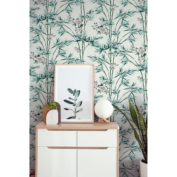 Bamboo & Blossom White Wallpaper - 20.8 in. W x 33ft L - Double Roll