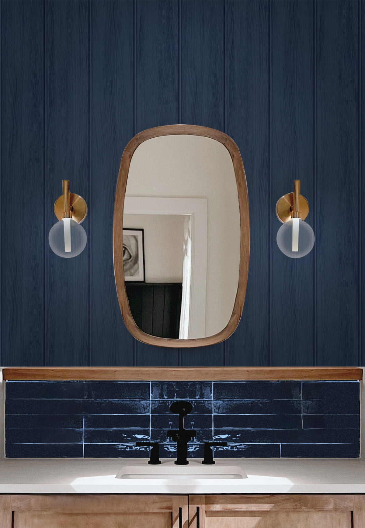 Seabrook Designs Naval Blue Faux Wood Panel Prepasted Wallpaper