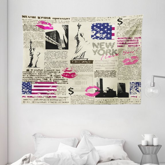 United States Tapestry, Newspaper New York with Sketchy Statue of Liberty and Texts Lipstick Vintage, Wall Hanging for Bedroom Living Room Dorm Decor, 80W X 60L Inches, Multicolor, by Ambesonne