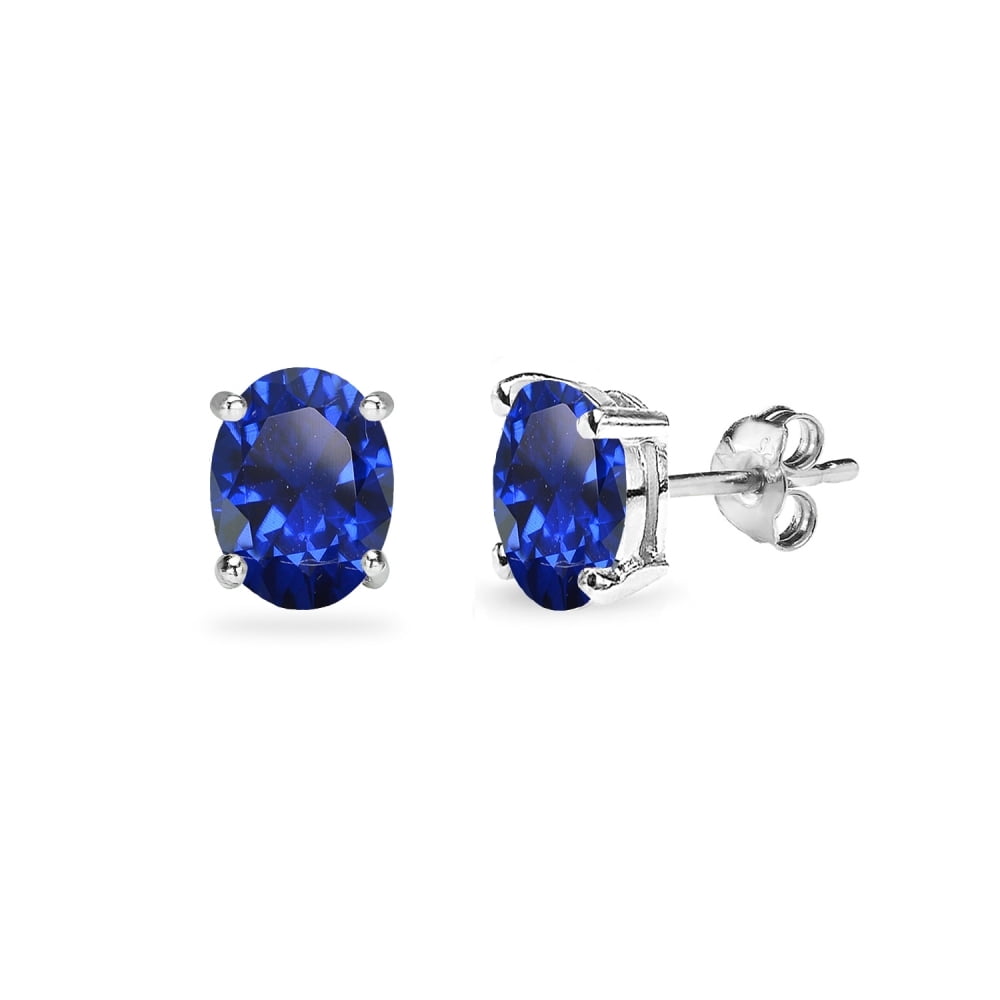 Created Blue Sapphire 6x4mm Oval-Cut Solitaire Sterling Silver Stud ...