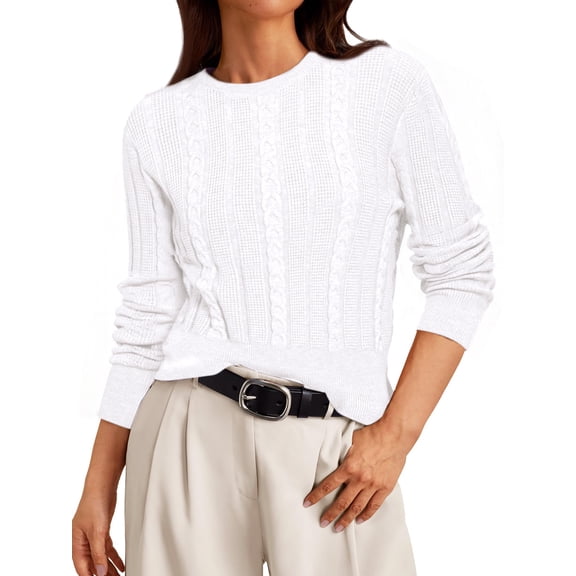 DARING DIVA Women's Cable Knit Long Sleeve Crew Neck Pullover Sweaters S White