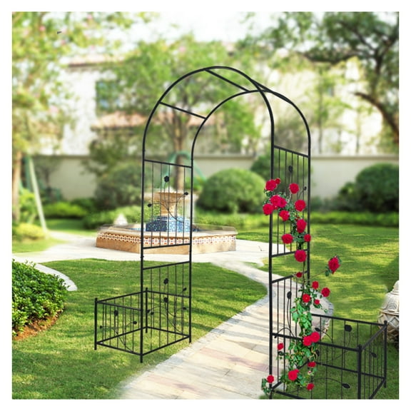 Metal Garden Arch with Plant Stands 79.5''x86.6'' Rose Arbor for Climbing Plants Outdoor Black
