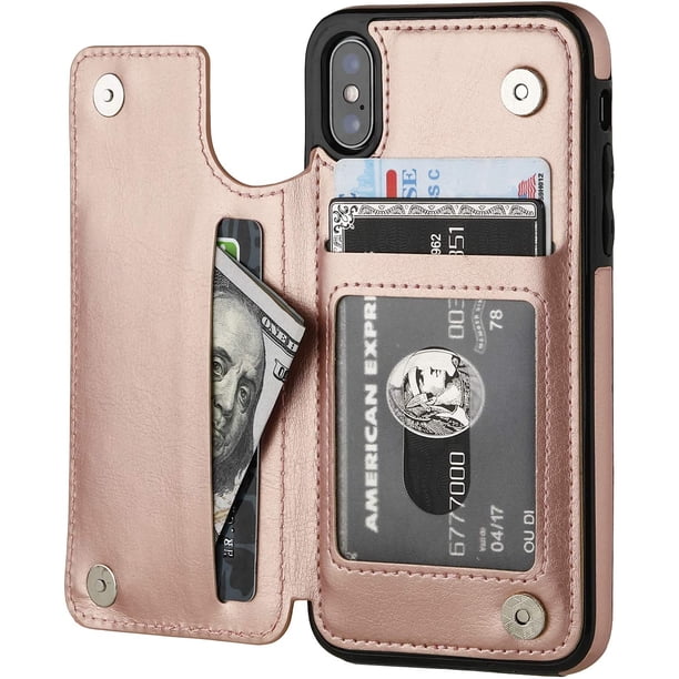 Funda tipo cartera para iPhone Xs iPhone X con tarjetero, funda de piel sintética de primera calidad con ranuras para tarjetas, cierre magnético doble y cubierta duradera a prueba de golpes (azul)