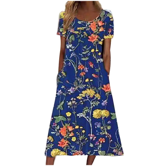 QIPOPIQ Robes pour Femmes avec Poches Manches Courtes Col Rond Robe à Imprimé Robe d'Été Offres 2023