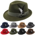 thumbnail image 4 of Men's Classic Fedora Hat with Feather Accent Wool Felt Jazz Cap for Adults Wide Brim Trilby Hat for Church Party Formal Events Everyday Casual Apparel Accessory, 4 of 4