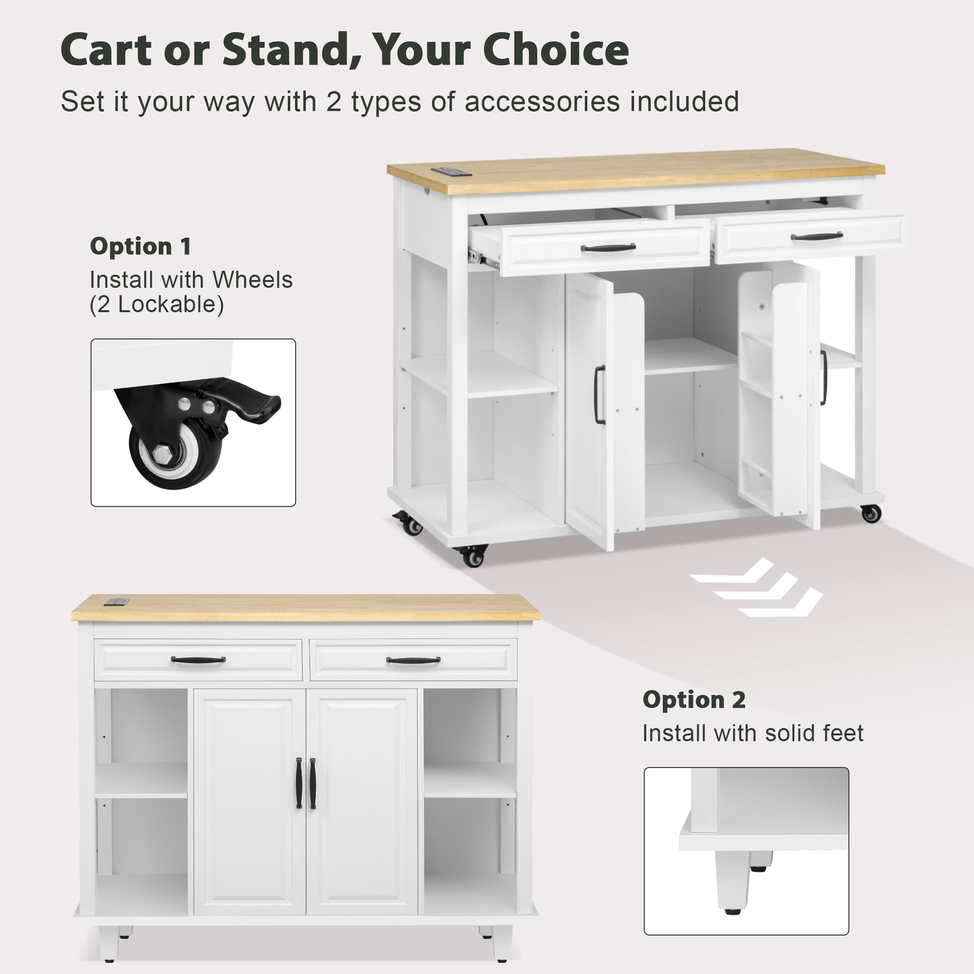 Leumius 47 In Kitchen Island with Extendable Dining Table, Rubber Wood Veneer Kitchen Table with Internal Storage Rack, Power Outlet, Kitchen Island with Storage 2 Drawers 2 Cabinet,White