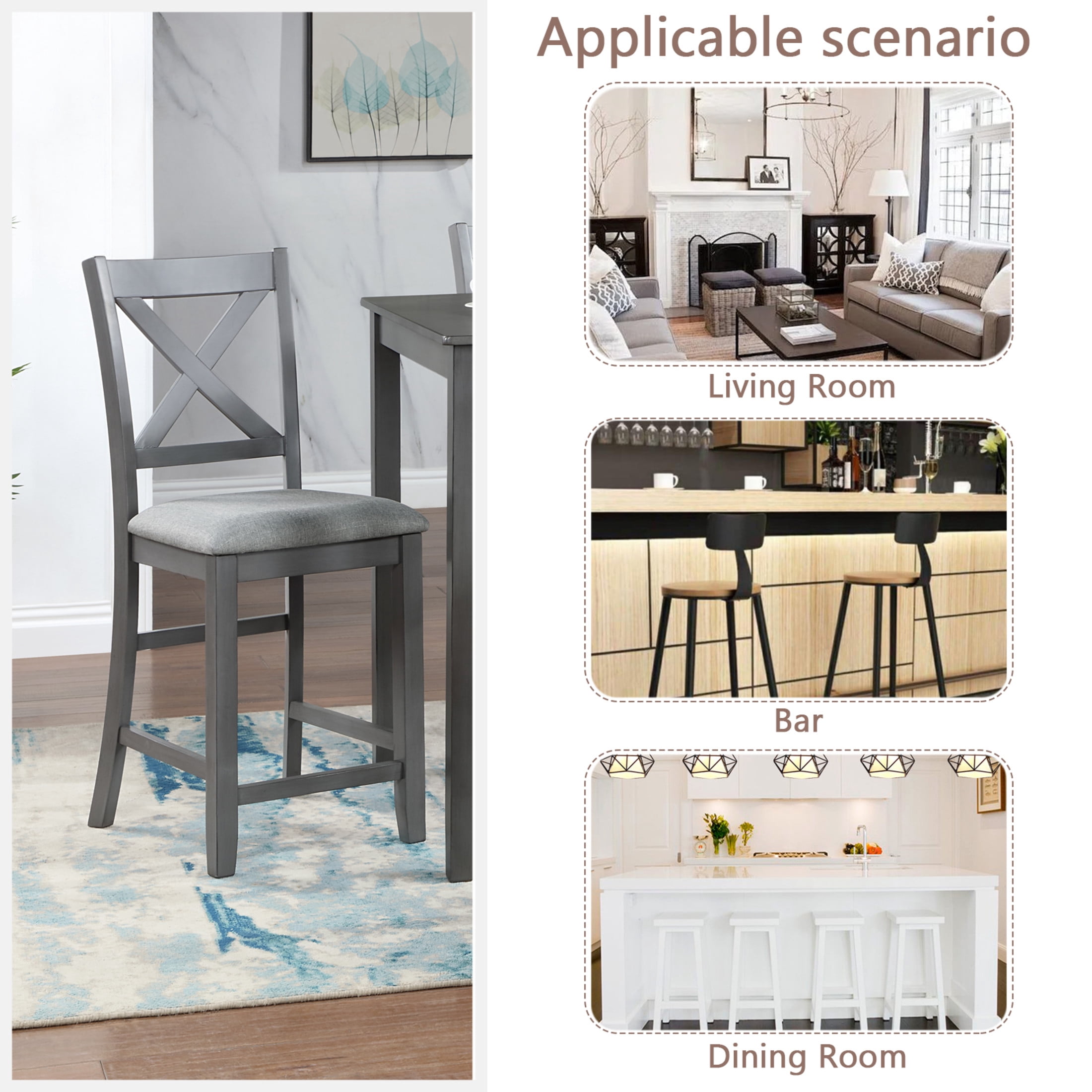 Noble House 40" Farmhouse Counter Height Bar Chairs with Padded Seat Set of 4, X-Shaped Backrest, Gray