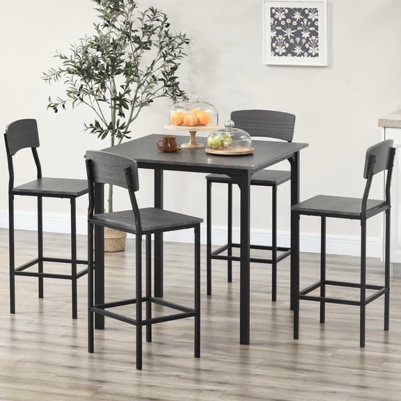 Resenkos 5-Piece Counter Height Bar Table with Space-Saving Design, Square Kitchen Table and Chairs Set with Footrest, Metal Legs, Gray