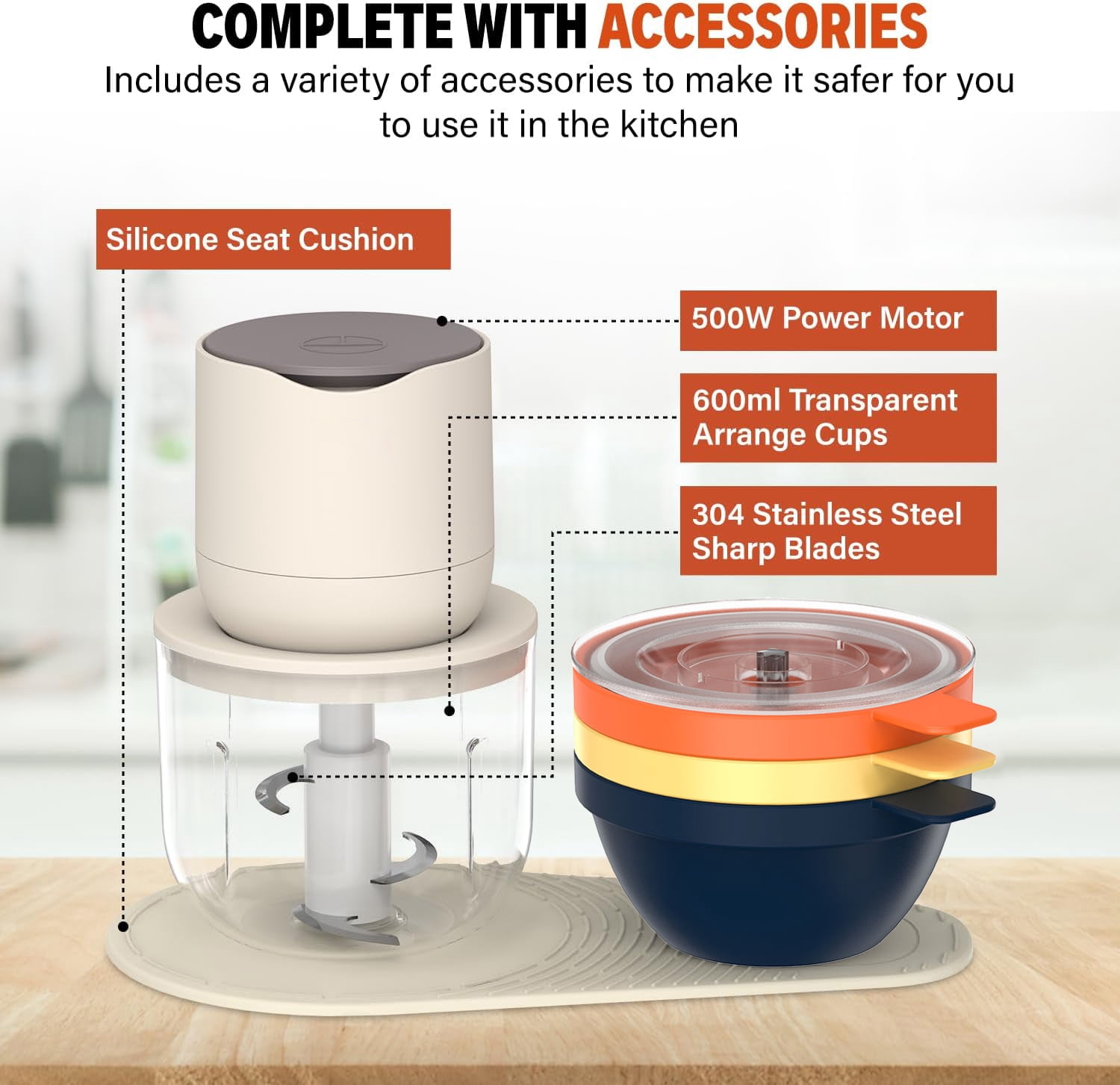 4-in-1 Small Food Processor with Bowl, OGEDNAC Electric Food Chopper, 4 Bowls, Meat Grinder, Small Blender for Baby Food & Vegetables, Beige