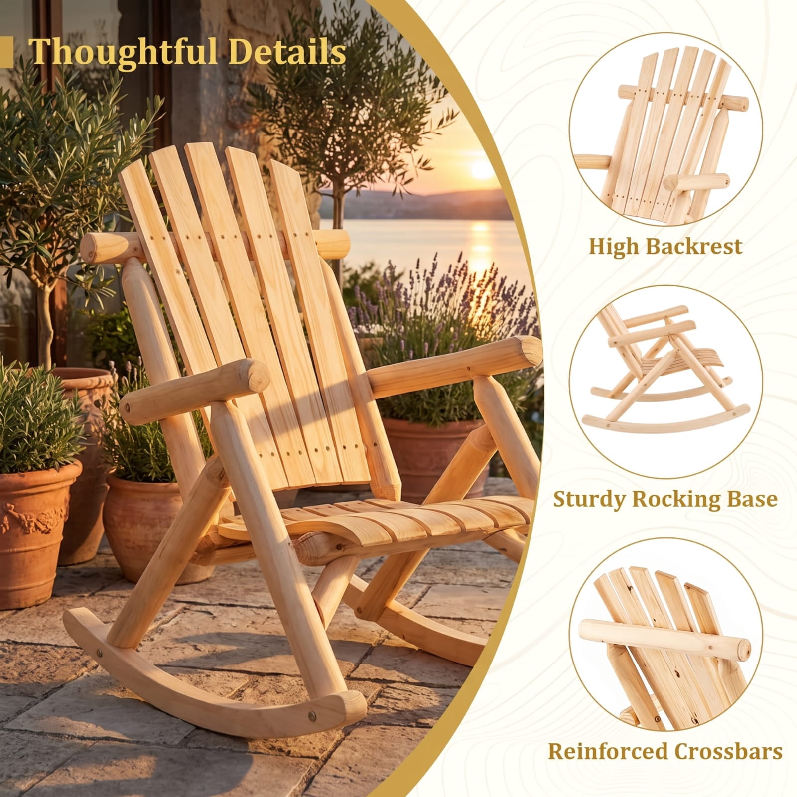 Furnibear Outdoor Rocking Chair for Patio Garden Backyard Outdoor Fir Wood 330 lbs Capacity Brown/Natural
