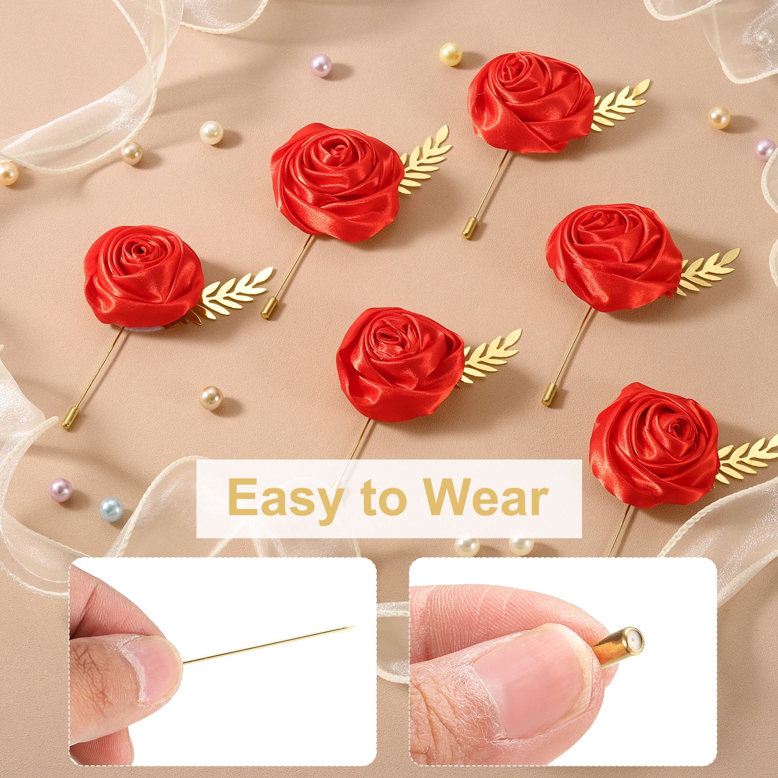 Unique Bargains 12Pcs Rose Boutonnieres Flower Buttonholes Pocket Pins Red 4.7" x 2"