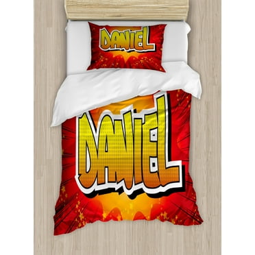 Daniel Twin Size Duvet Cover Set, Retro Backdrop with Stars and Explosion Detail with American Boys Name, Decorative 2 Piece Bedding Set with 1 Pillow Sham, Red Orange and Yellow, by Ambesonne