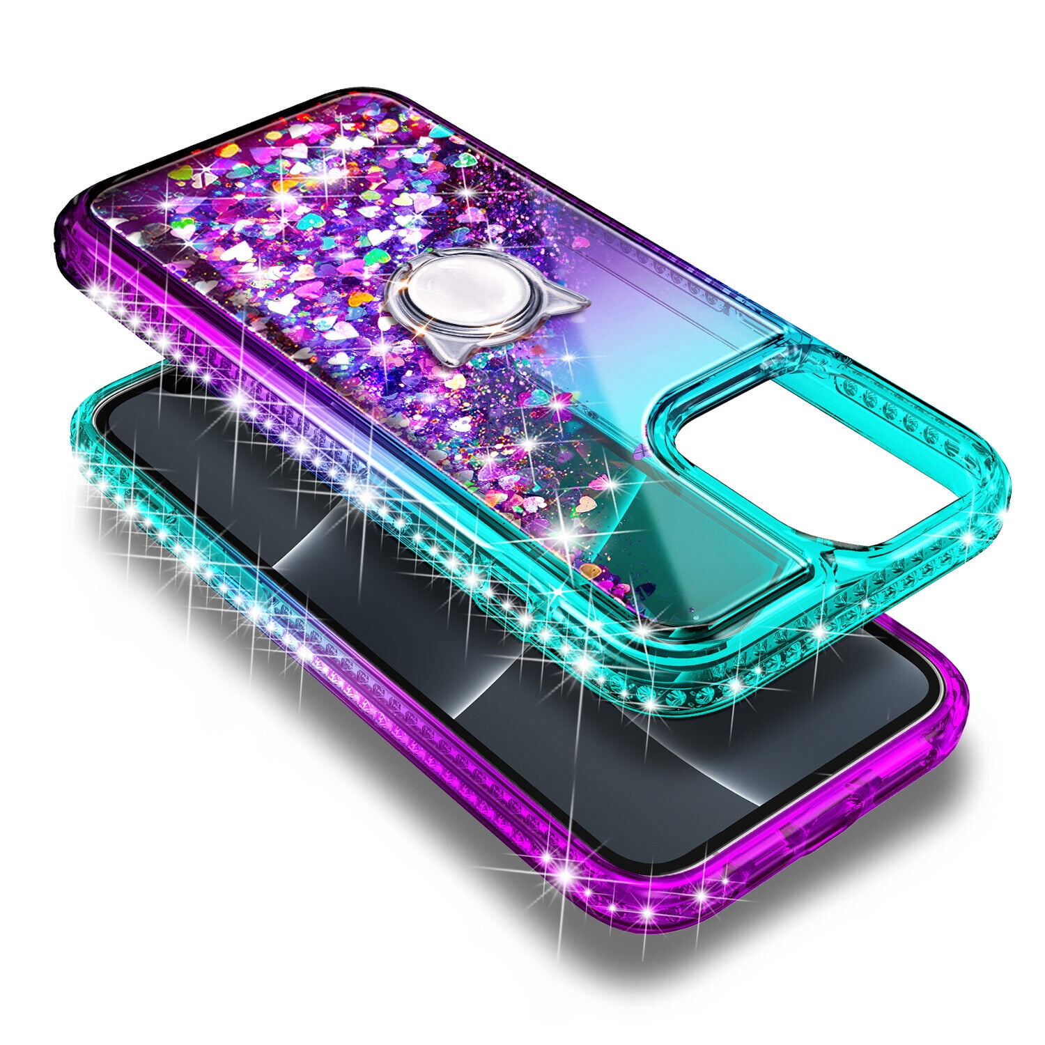 Case for iPhone 14 Pro Max, Moving Liquid Holographic Glitter Case with Kickstand, Women Slim Protective Case, Green&Purple