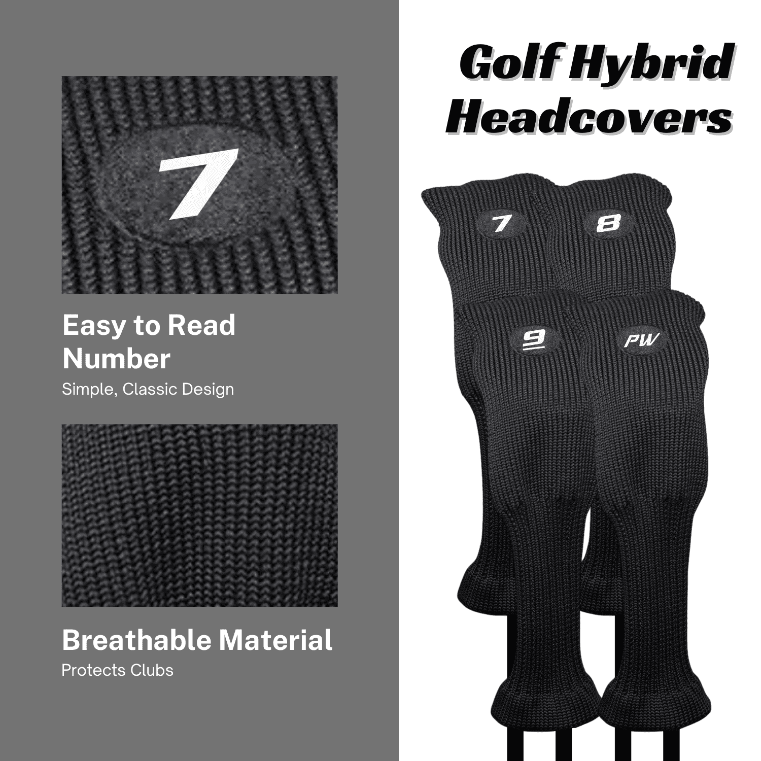 Majek All Hybrid Head Cover Golf Club Black Sleek Tight Fit Headcover Set 7-PW Acrylic Head Covers 7 8 9 PW Easy to See Large White Embroidered Numbers