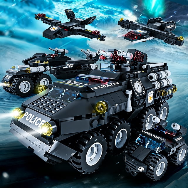 Bloques de construcción militares 6 en 1, coche de policía de tigre, vehículo blindado, juego de aviones, juguetes de construcción DIY para niños, regalo de cumpleaños y Navidad