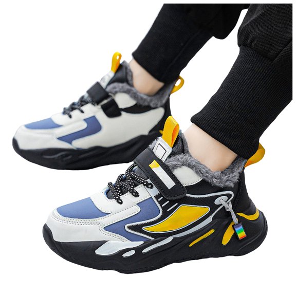 Winter Sneakers for Boys Warm Furry Lined Waterproof Splice Leather Nonslip Hiking Running Shoes Cold Weather Athletic Shoes Black 6.5 Big Kid