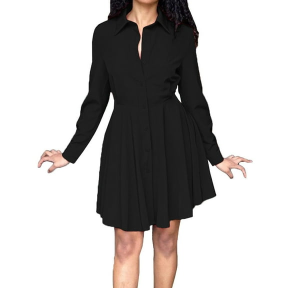 Women's Button Up Long Sleeve Solid Color Slim Fit Shirt Dress