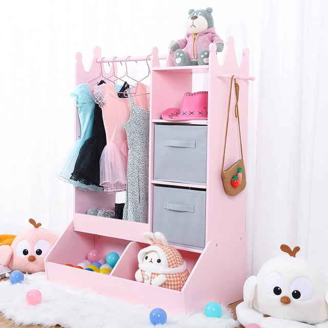 Garvee Girls' Dress Up Storage with Light & Mirror, Kids Armoire with Clothing Rack and Storage Bin, Pink