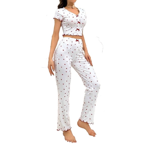 Fengactive Women's Slim Cropped Pajama Sets Valentine Bow Heart Short Sleeve Tops Pants 2PC Comfort Lounge V Neck Sleepwear